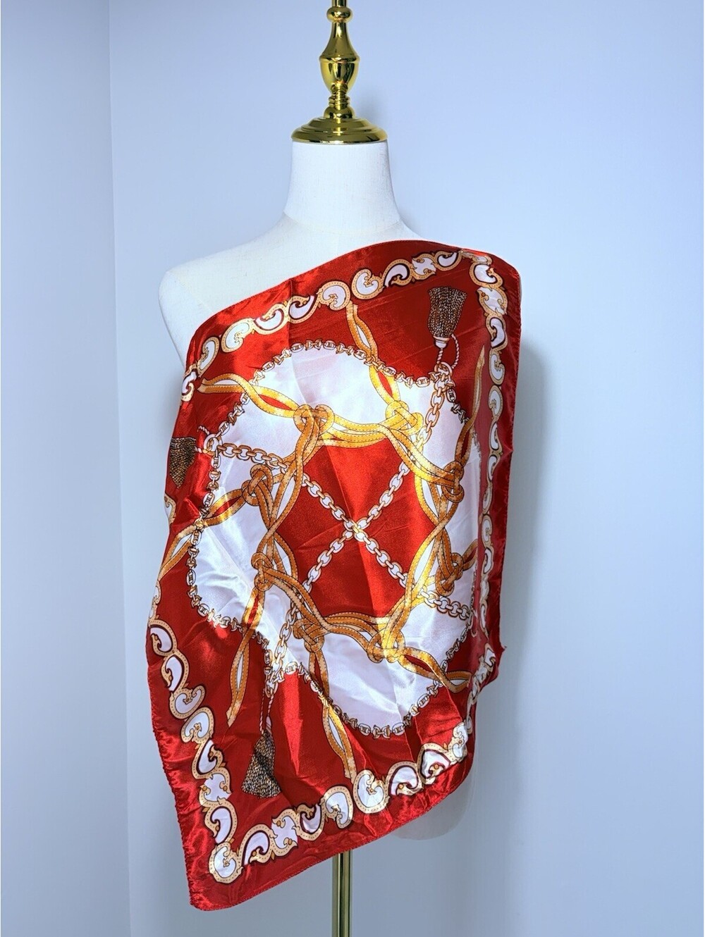 Women's Square Scarf Red White Gold Equestrian Chain & Tassel Print